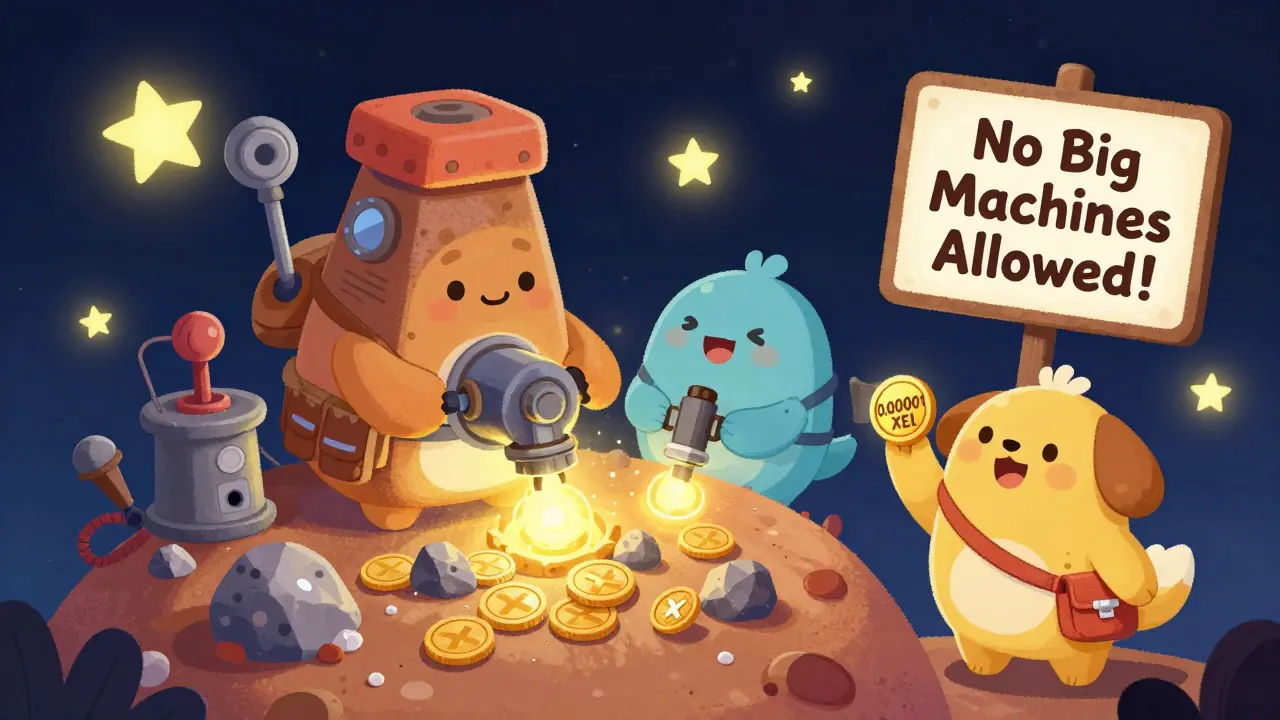 Cheerful miners on a small planet harvesting XEL coins with simple tools, surrounded by tiny floating coins for microtransactions.