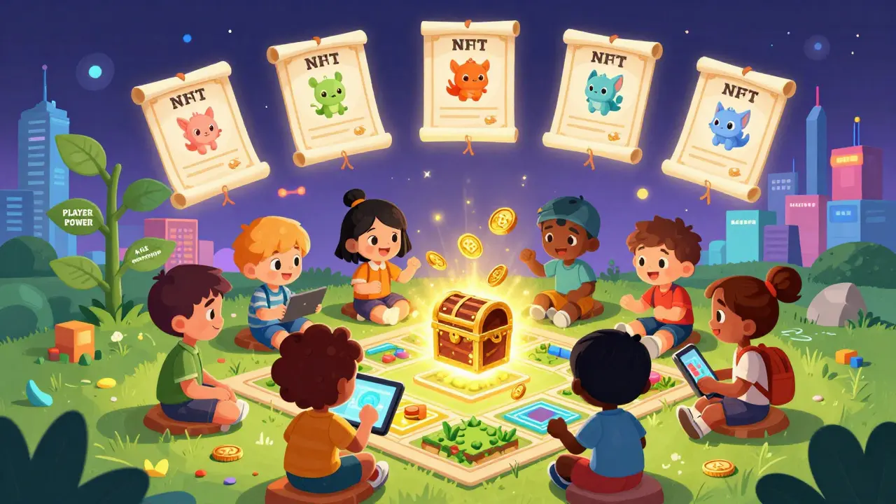 Children play a game on a tablet as NFT certificates float above, with a DAO tree growing 'PLAYER POWER' leaves in the background.