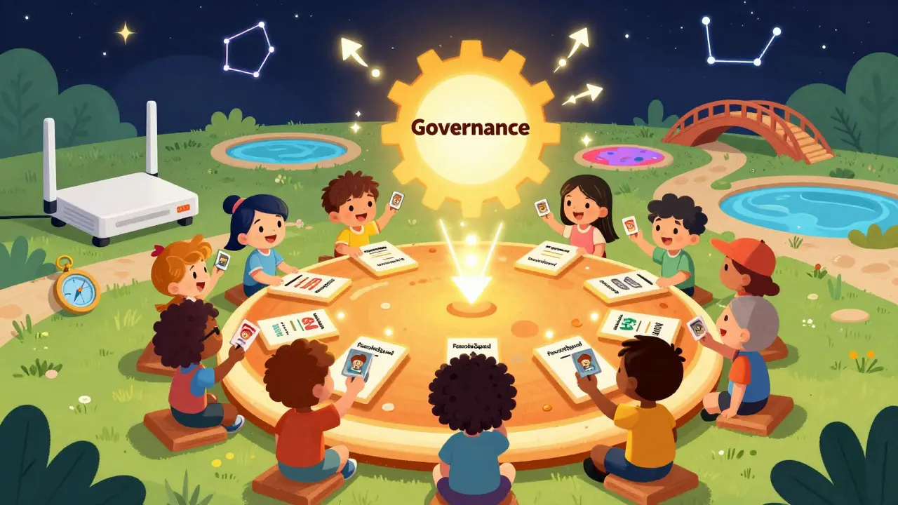 Children vote on a pancake-shaped board while a smart router navigates liquidity ponds under a starry sky.