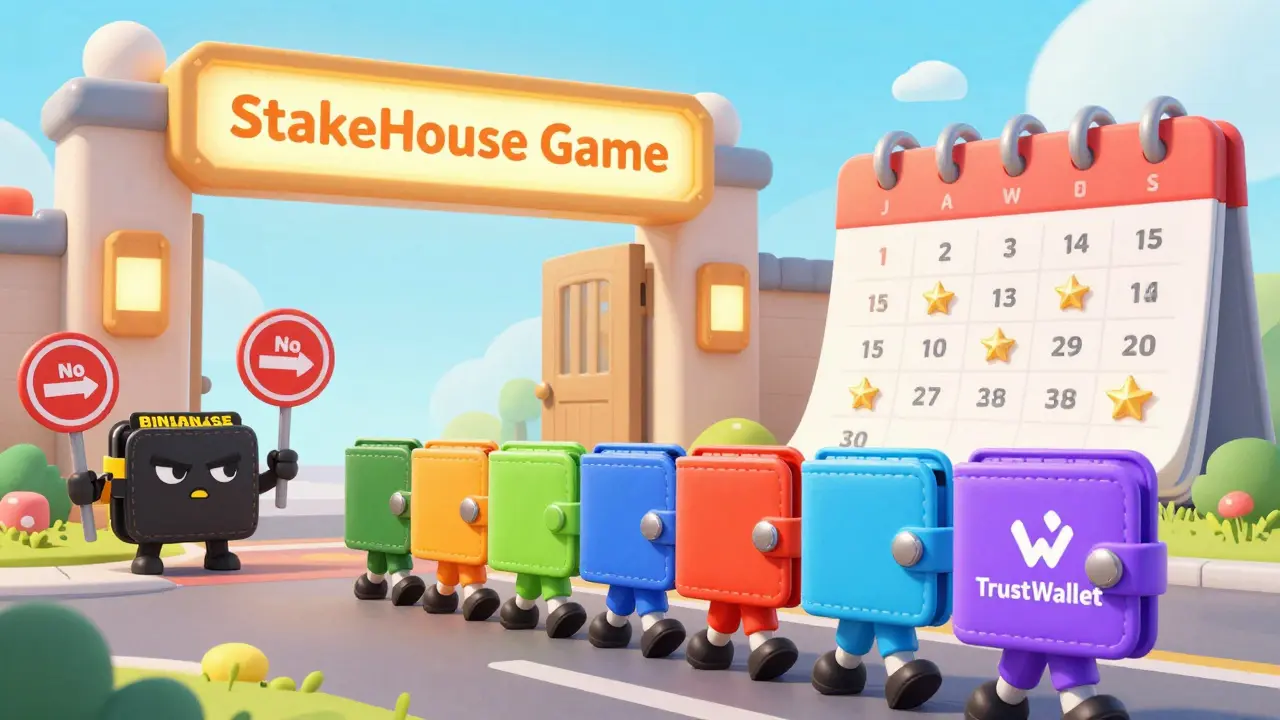 Colorful wallets march toward a gate while a Binance wallet is turned away.