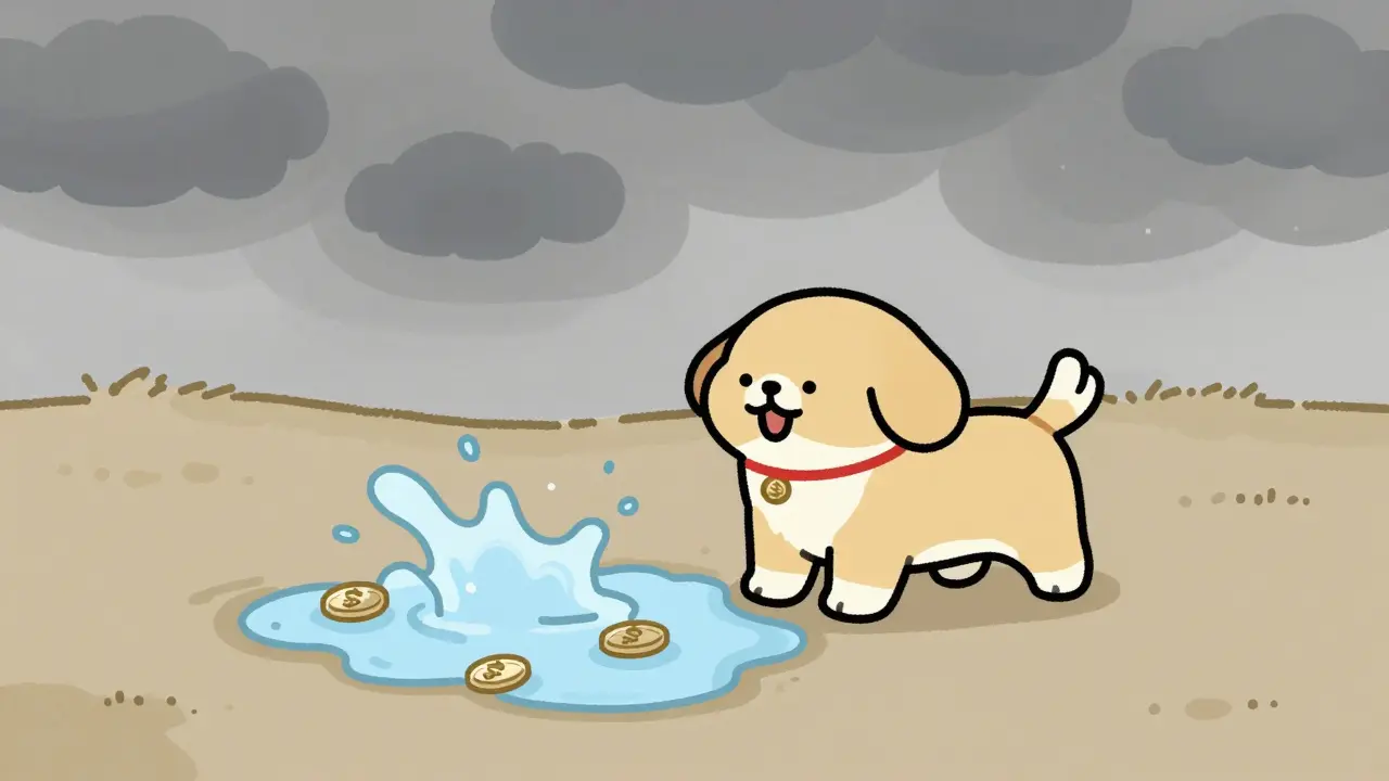 Dog attempting to splash in a tiny dry puddle of coins under stormy skies.
