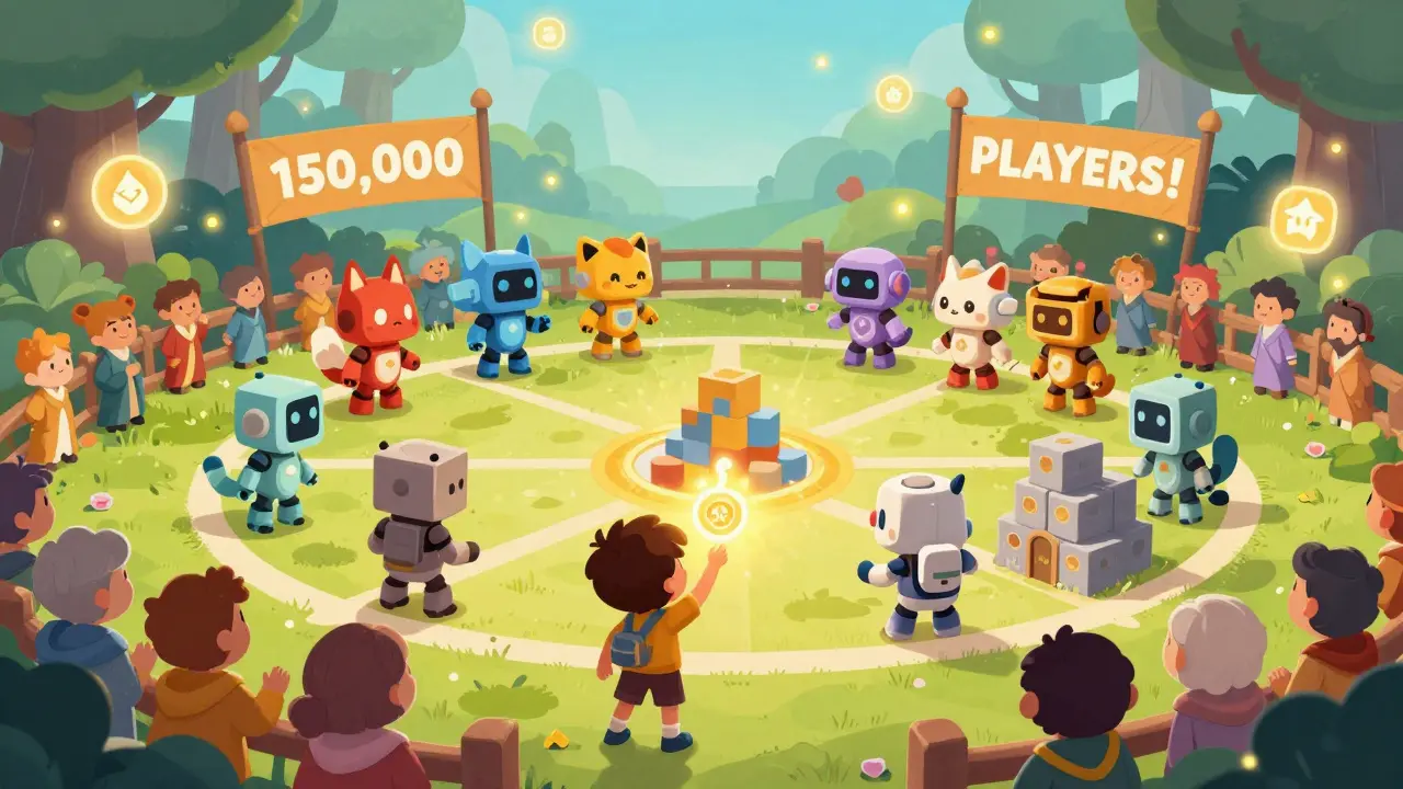 Faraland NFT heroes compete in a magical tournament while a child watches a glowing FARA token fly toward a blockchain castle.