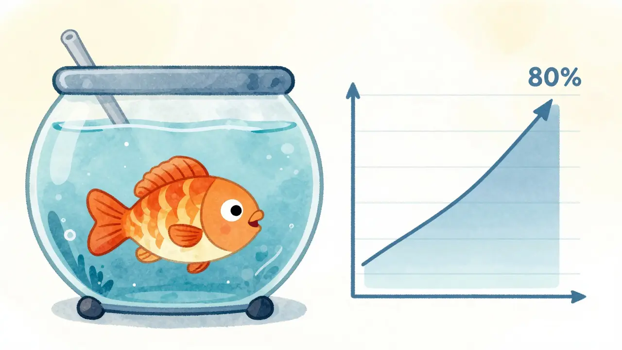Fish tank with water level and graph illustrating utilization rate.
