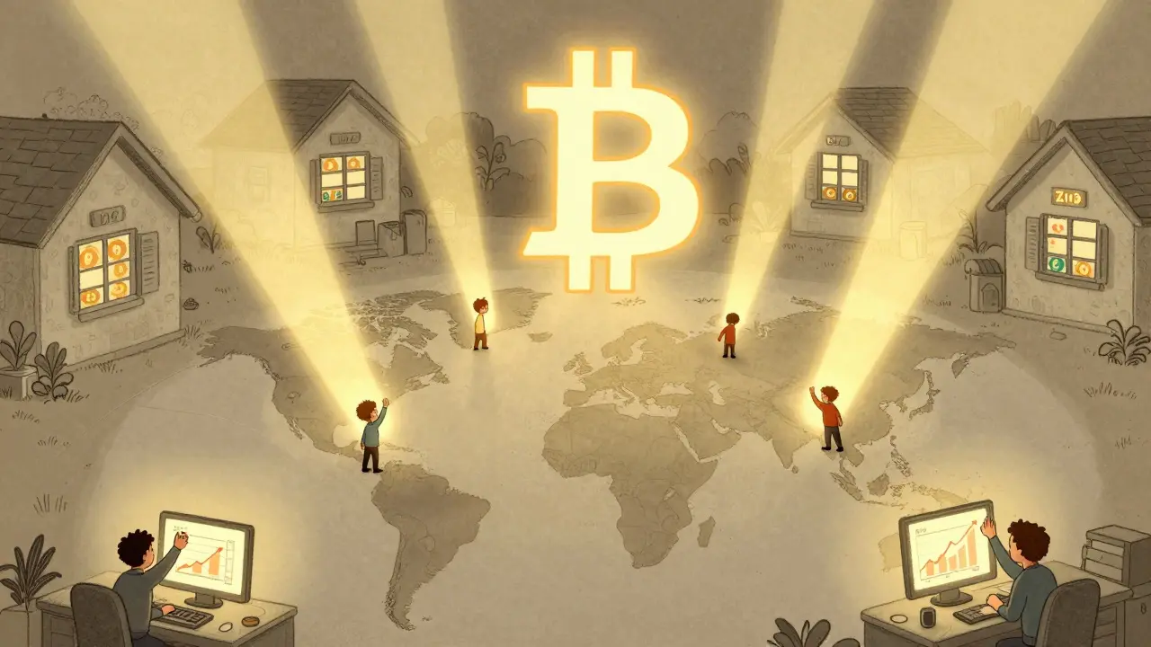 Golden light beams from financial hubs form a Bitcoin symbol in the sky above global cities.