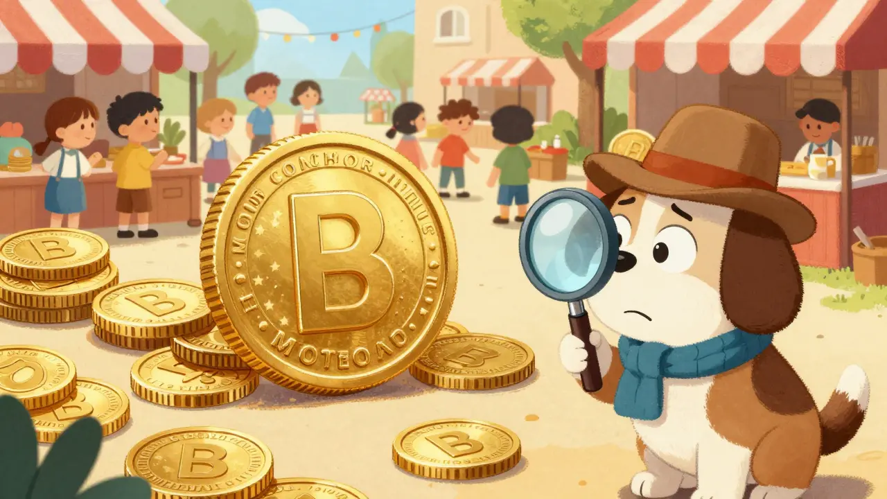 Monero coin hiding among others in marketplace as detective dog searches.