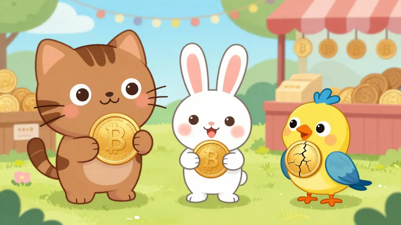 Three animals holding coins of different sizes in a marketplace.