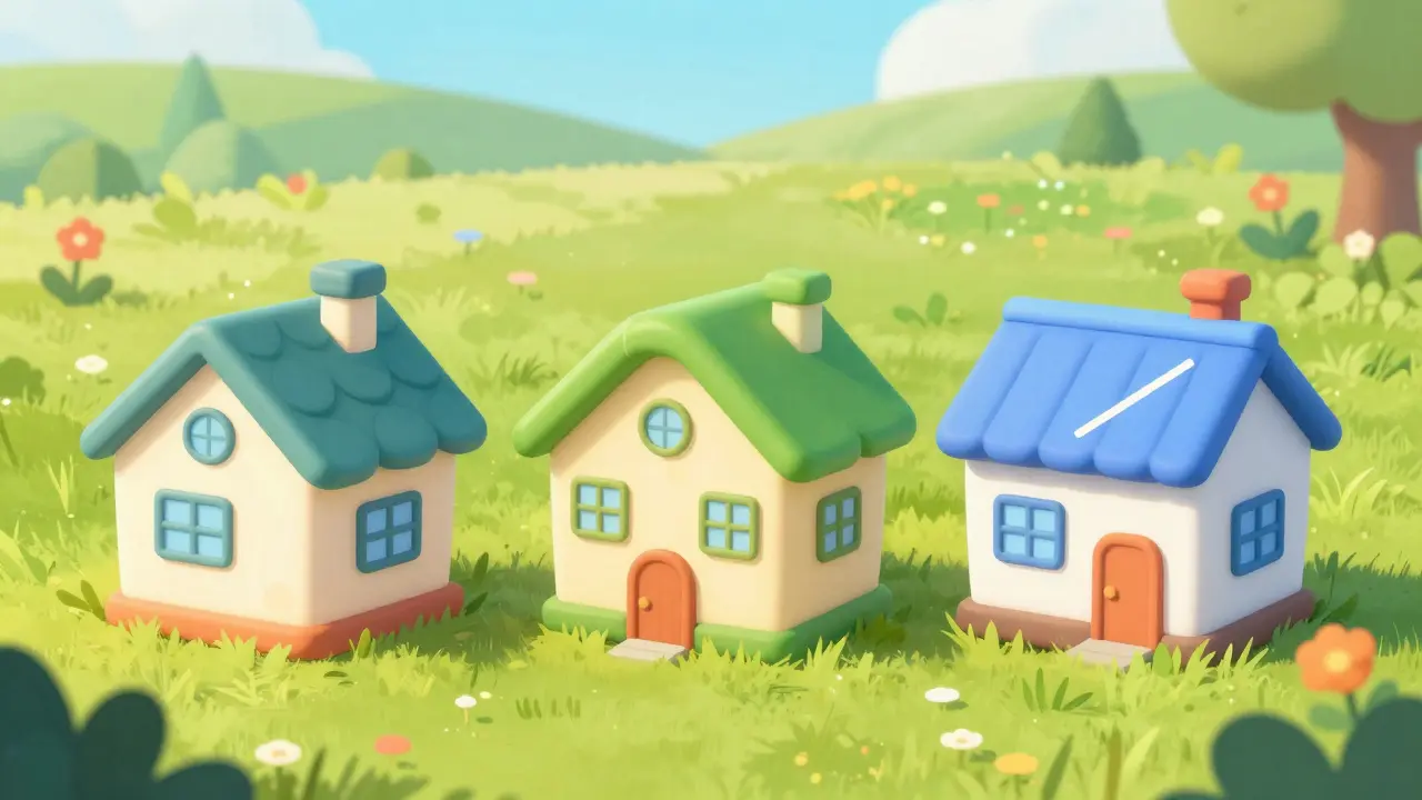 Three houses with unique roof shapes illustrating interest rate models.