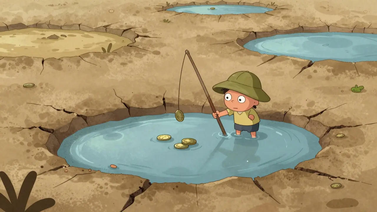 Tiny character tries to fish coins from dry puddle in barren landscape.