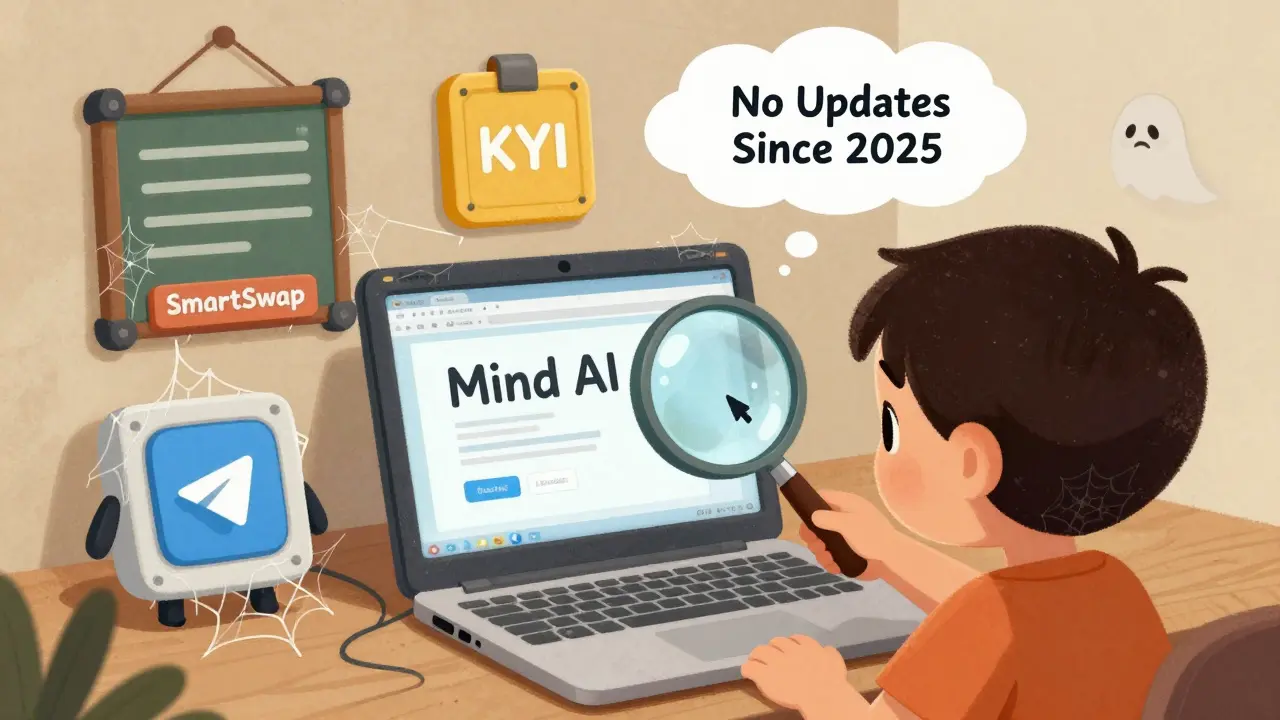A child examines a dusty, outdated Mind AI website with abandoned tools around it.