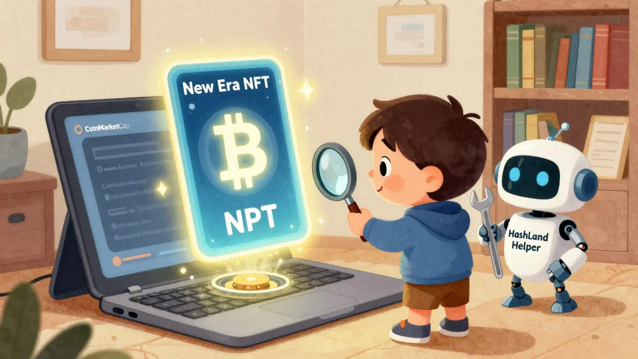 A child examines a glowing NFT card on a tablet with a friendly robot helper beside a humming Bitcoin miner.