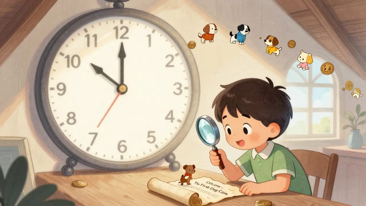 A child examining an old scroll labeled 'COLON' as other dog coins fade into the past.