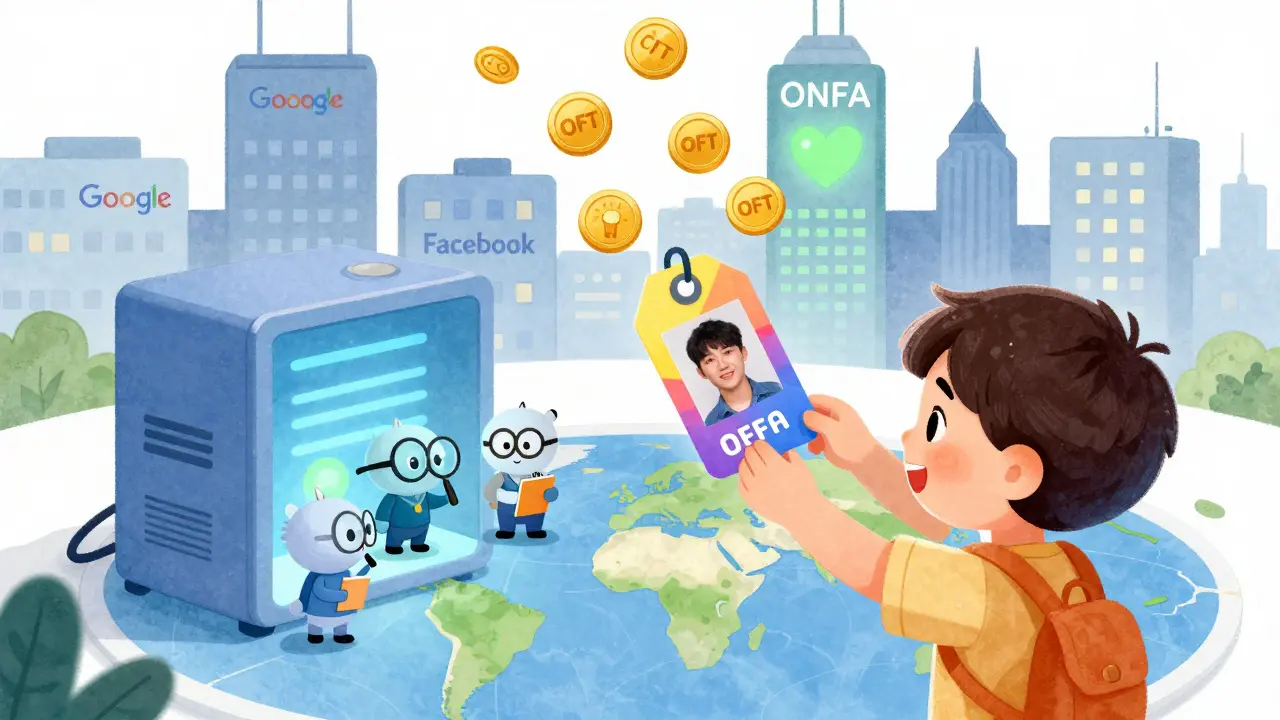 A child placing a photo into a machine that turns it into a labeled tag, with AI creatures examining it and OFT coins falling as payment.