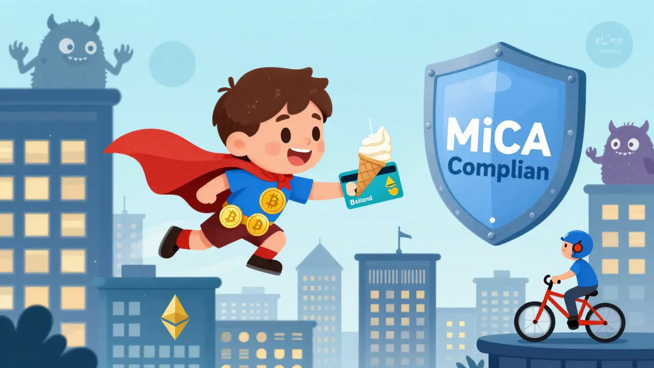 A child superhero uses a crypto debit card to pay for everyday things while flying over a European city.
