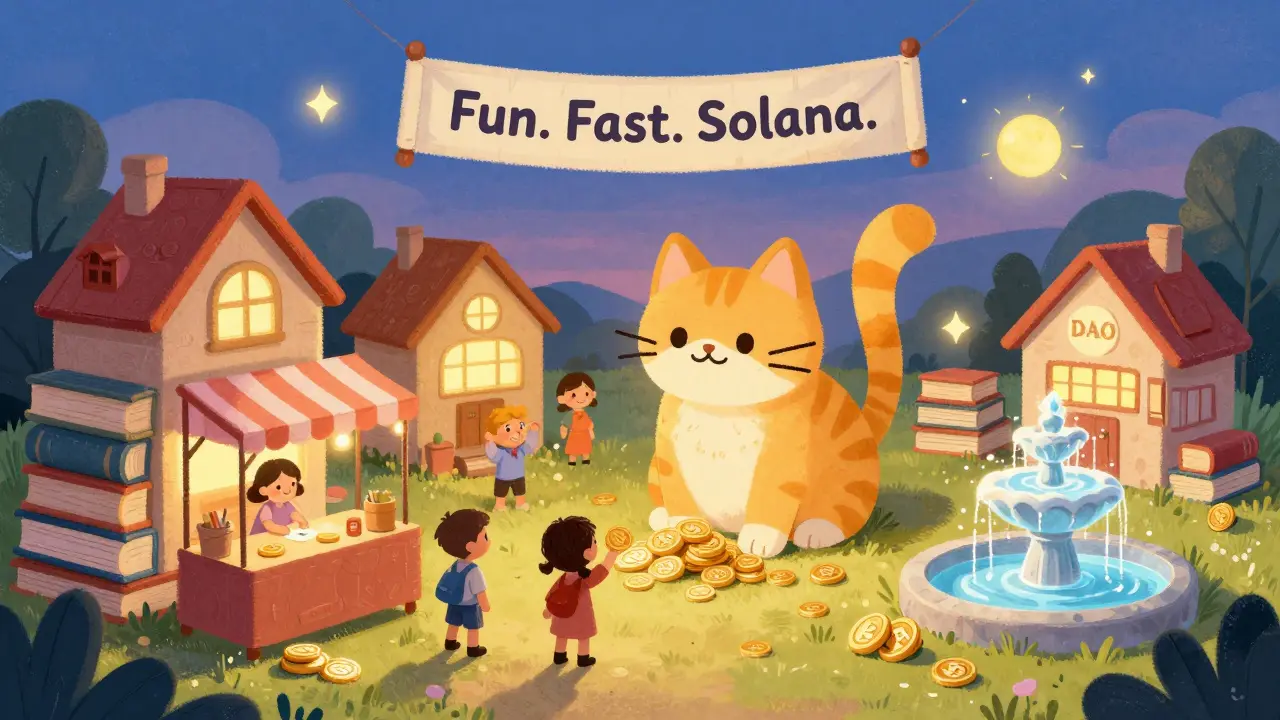 A community of cat-shaped houses trades and votes with WEN coins under a twilight sky, with a glowing DAO fountain.