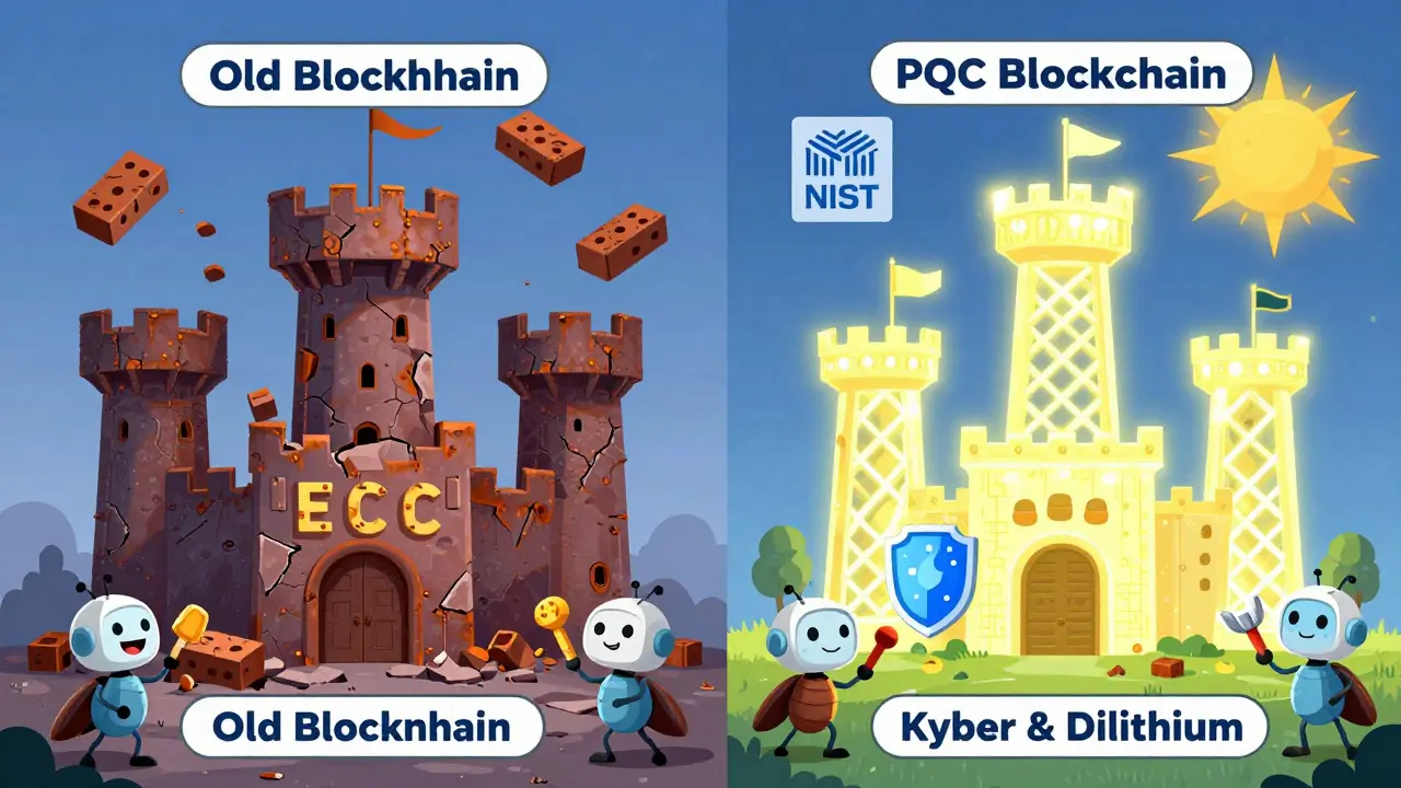 A crumbling old blockchain castle contrasts with a glowing new PQC castle under a NIST sun.