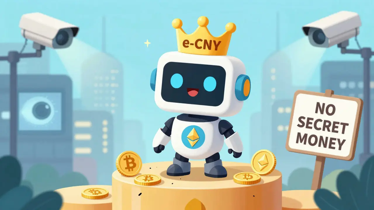 A digital yuan robot stands tall as crushed crypto coins lie beneath its feet.