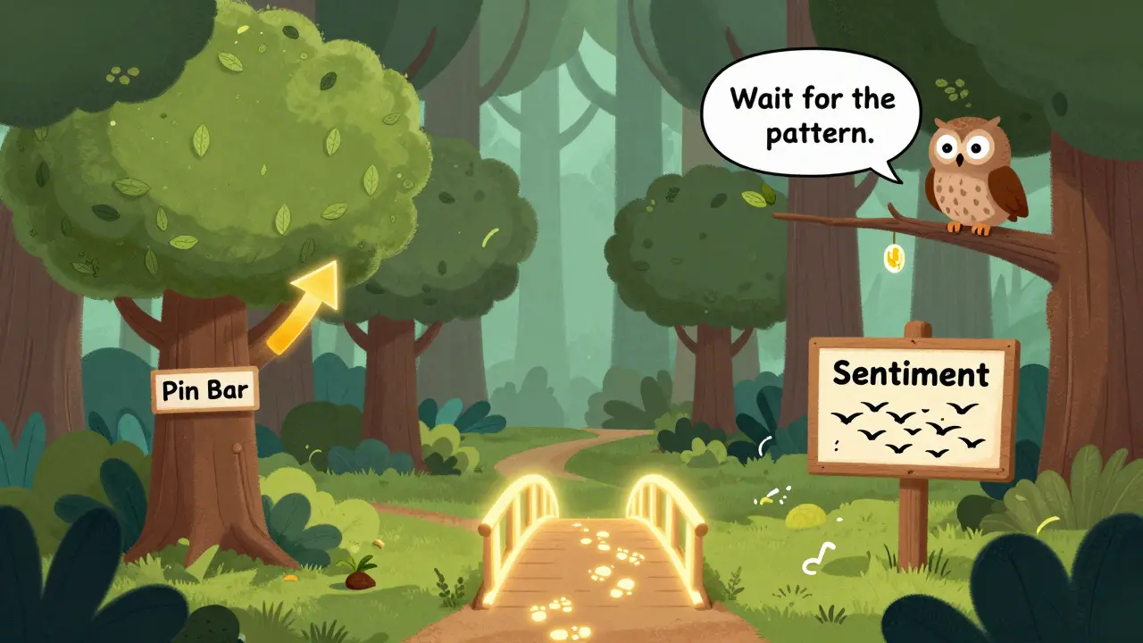 A forest of crypto trees with candlestick leaves, a pin bar sign pointing up, and a wise owl guiding a trader past panic birds.