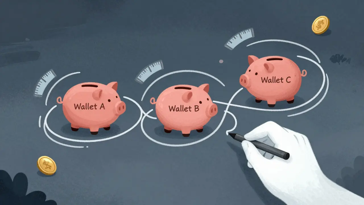 A ghostly hand creates circular trades between three piggy banks, with fake volume meters spinning wildly above.