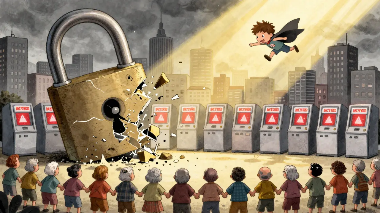 A hero in a cape breaks a lock over thousands of crypto ATMs as seniors form a human chain under sunlight.
