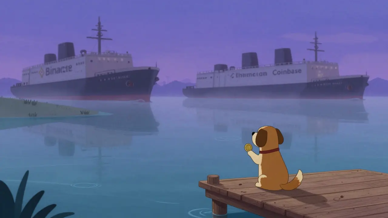 A lone dog sits on a dock holding a single coin, while big crypto exchanges sail away.