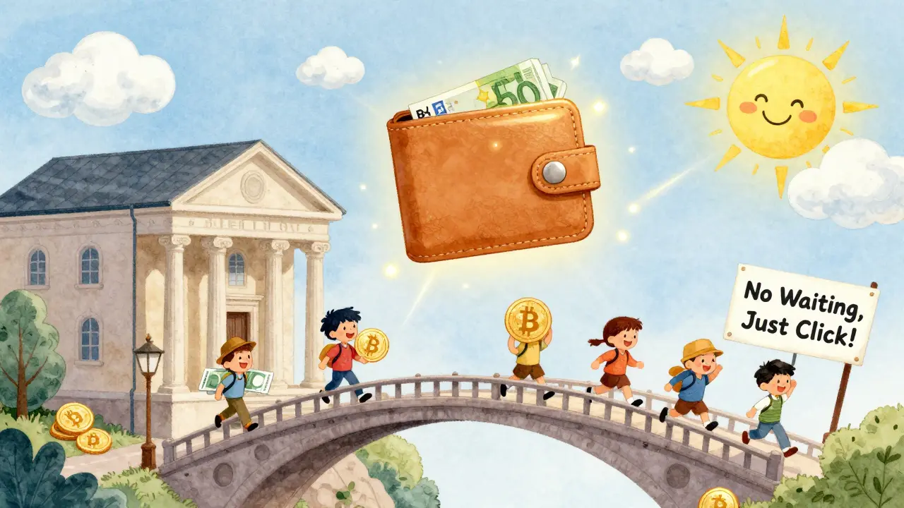 A magical bridge connects a bank to a crypto wallet, with people exchanging euros for Bitcoin under a smiling sun.