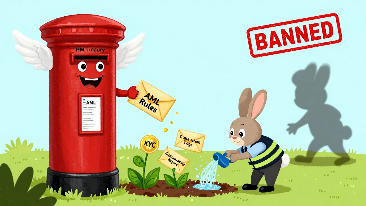 A magical mailbox drops AML rule envelopes into a garden of crypto plants under supervision.