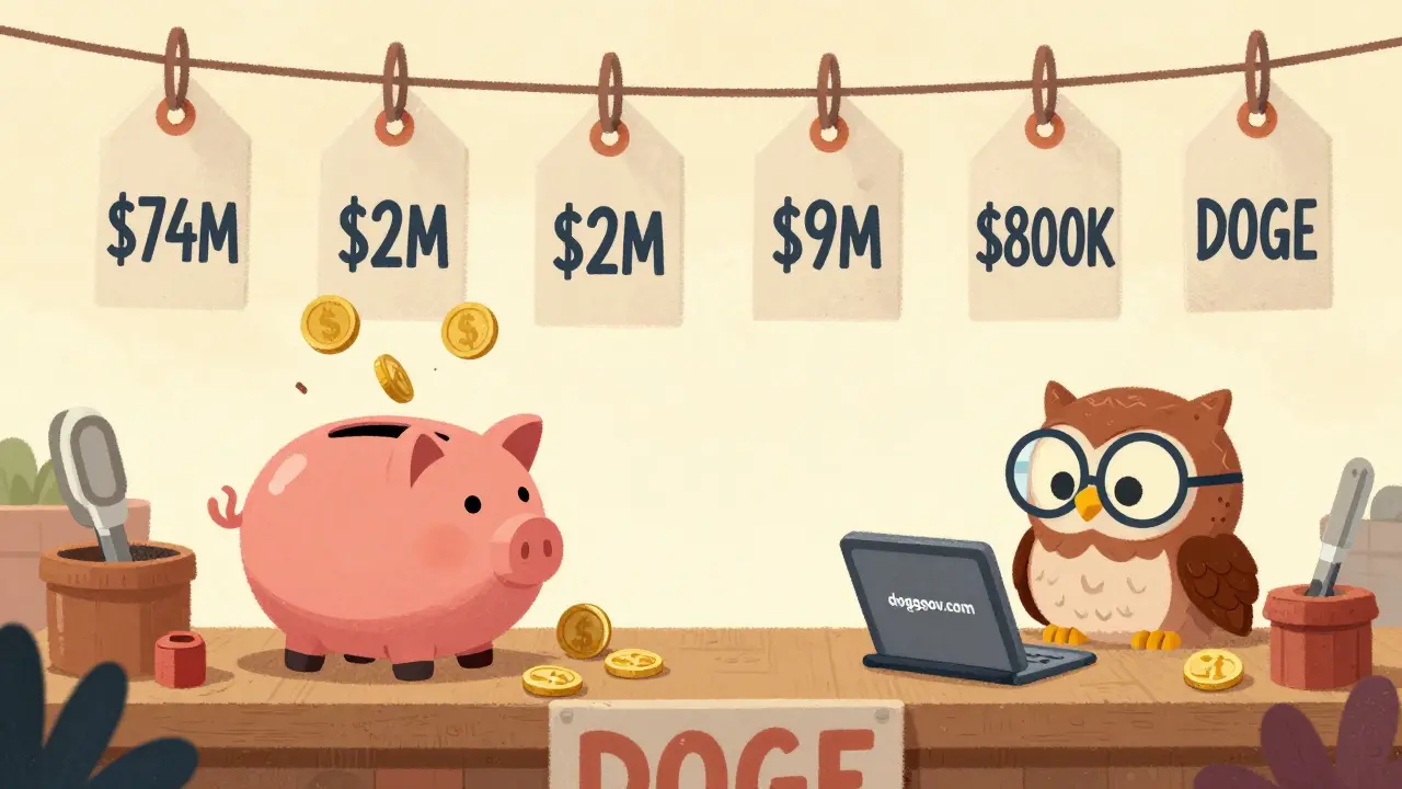 A marketplace stall has floating price tags for DOGE, coins spilling from a cracked piggy bank, and a crumbling website on a tablet.