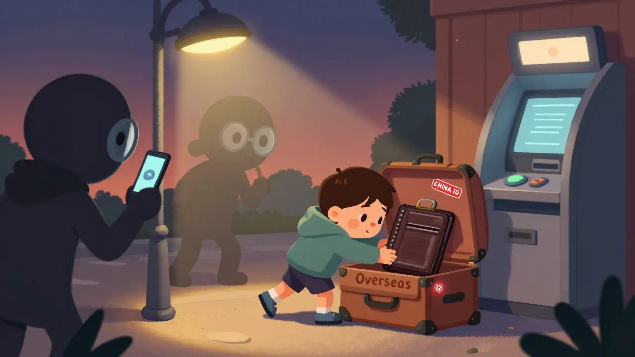 A person tries to sneak a crypto wallet abroad while hidden watchers observe from everyday objects.