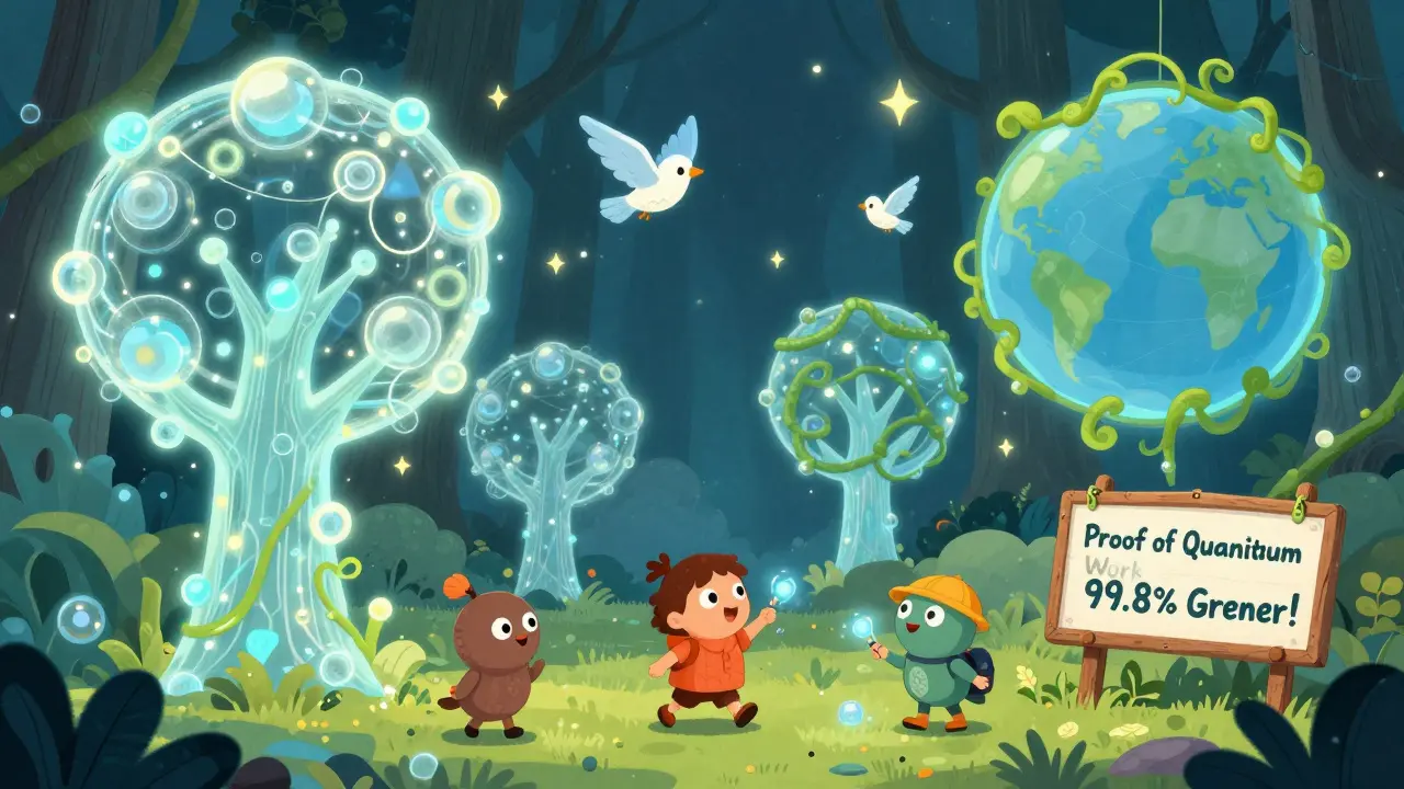 A quantum forest with particle trees and Q-Miners riding qubit birds, symbolizing green, quantum-native blockchain.