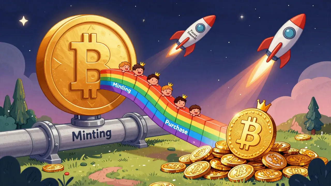 A rainbow pipeline connects NFT tokens to Bitcoin coins, with 1,000 smiling faces peeking out from behind the blocks.