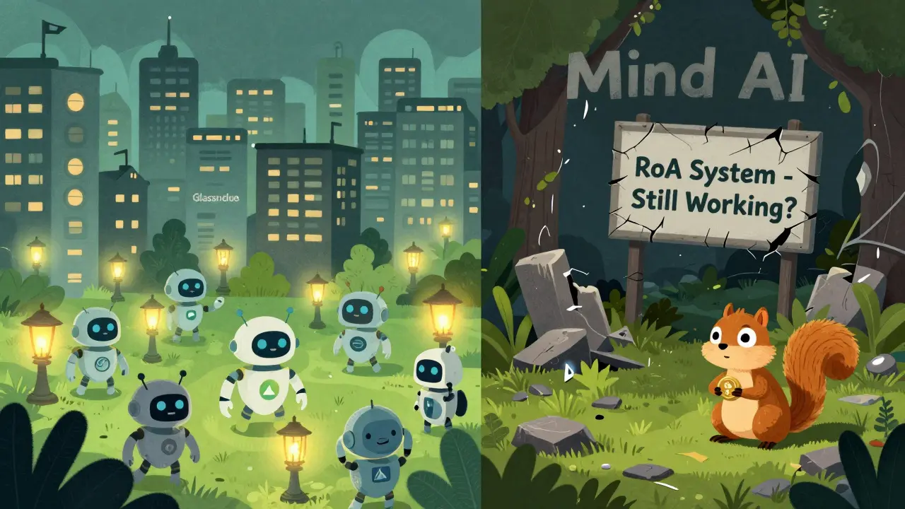 A vibrant crypto analytics city contrasts with a ruined Mind AI ghost town.