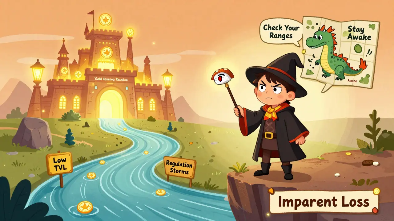 A young wizard stands at risk of impermanent loss, facing a glowing yield farming fortress with helpful dragon guide.