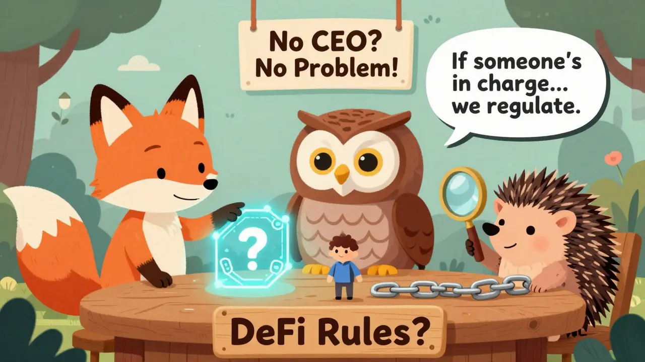 Animals discuss DeFi regulation, with one spotting a hidden human behind a blockchain.