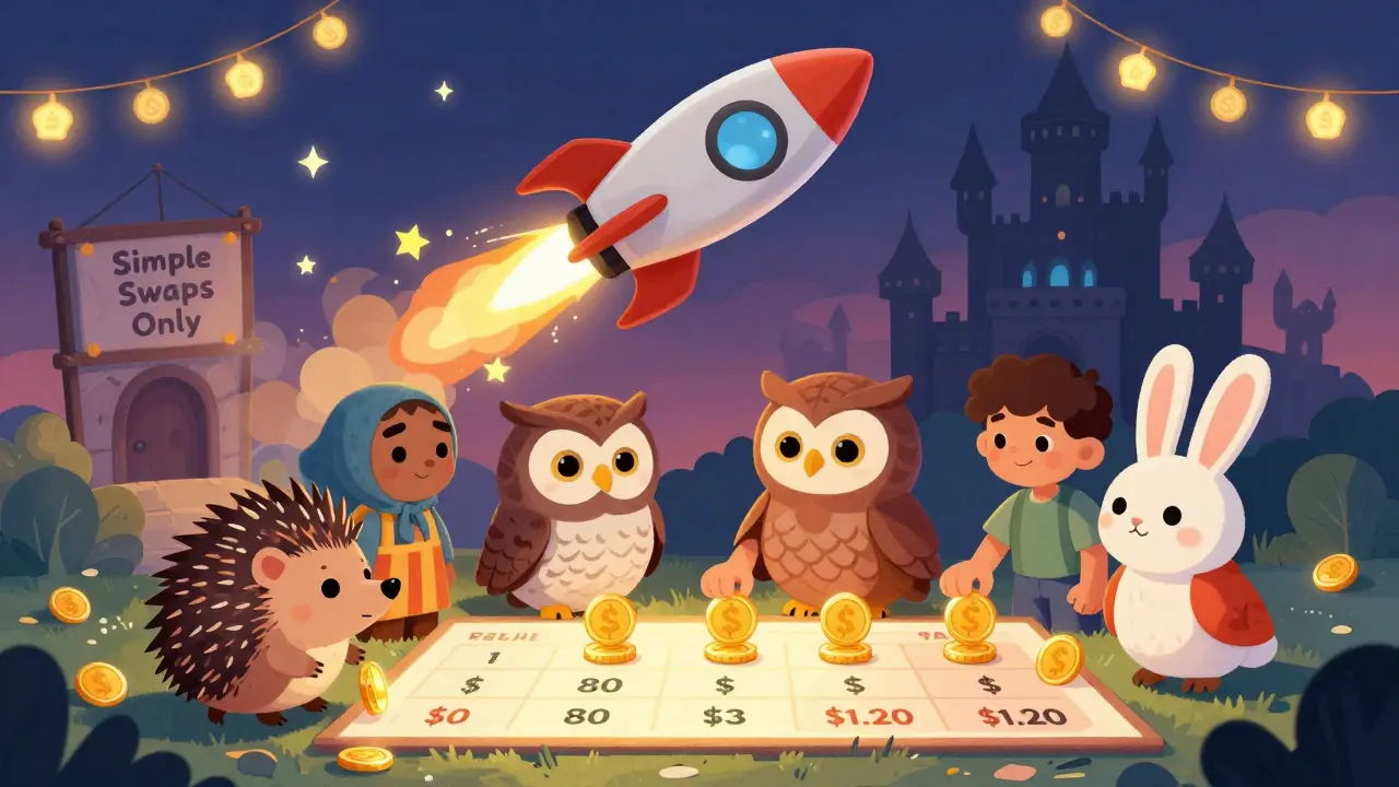 Animals place liquidity coins in a price range as a reward rocket blasts off, while Uniswap castle looms in the background.