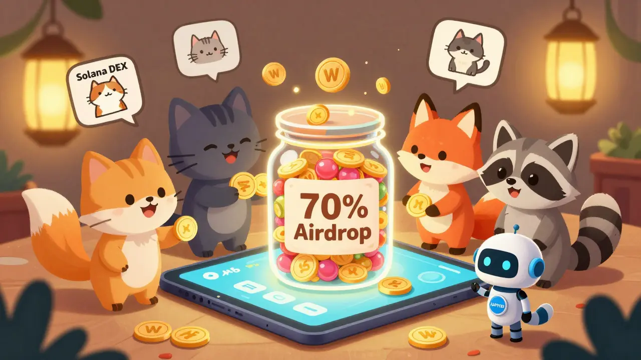 Cartoon animals distribute WEN tokens like candy from a jar beside a glowing Solana DEX interface.
