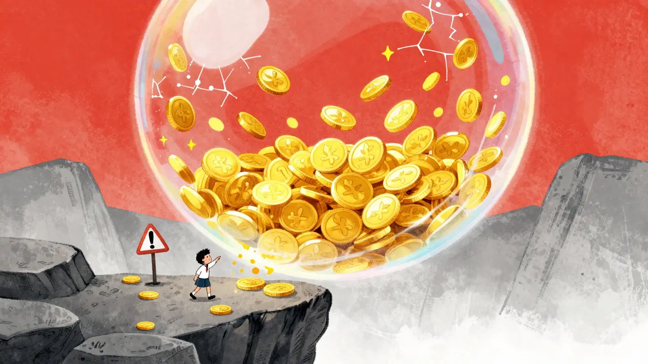 Cartoon bubble bursting showing risky coin multiplication.