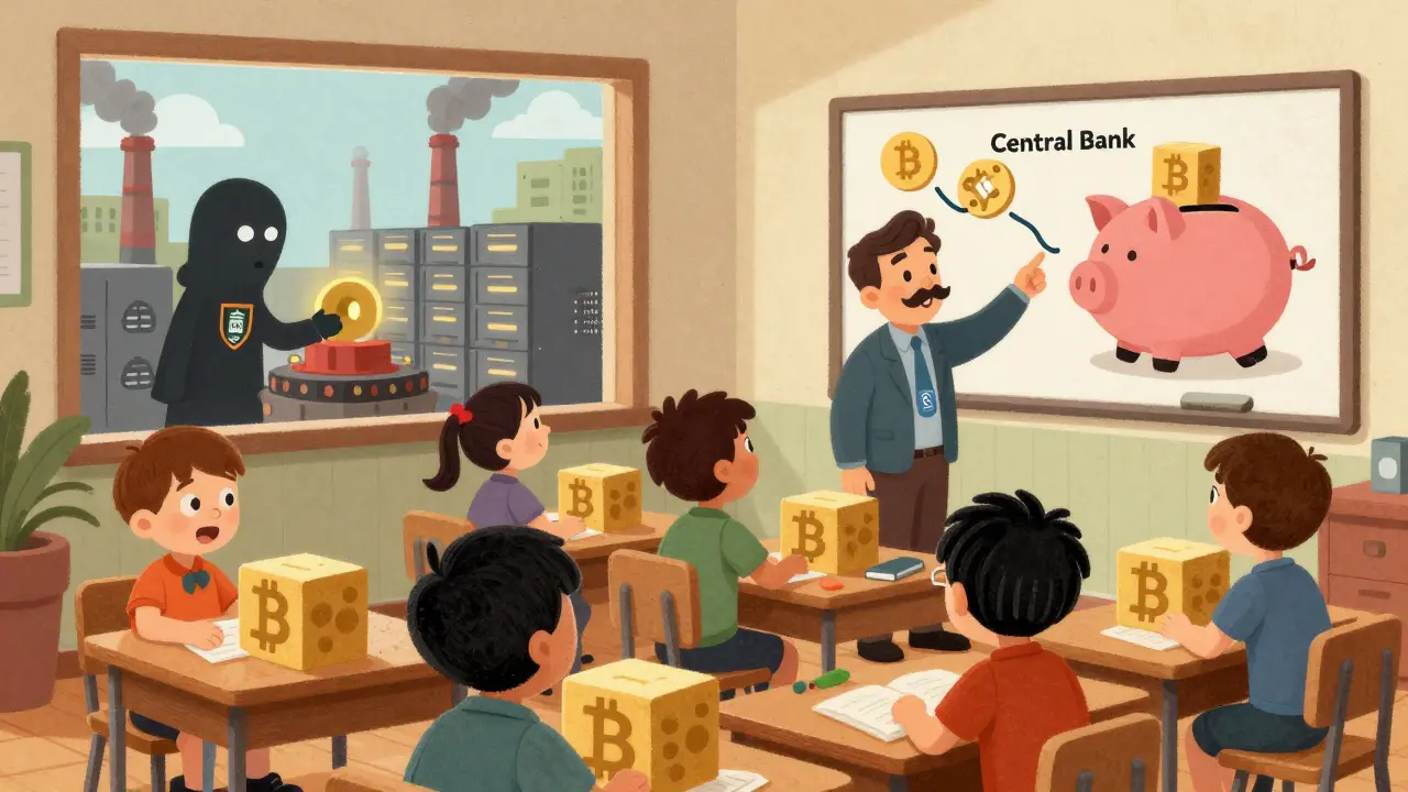 Children learn about Bitcoin mining in a classroom where coins flow into a giant state piggy bank.