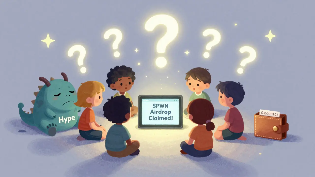 Children look at a tablet showing a nearly zero SPWN token value, while a deflated dragon sleeps nearby.