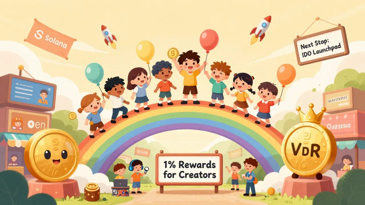 Children stand on a blockchain bridge holding VDR tokens as a crowned token watches over a marketplace of creators and advertisers.