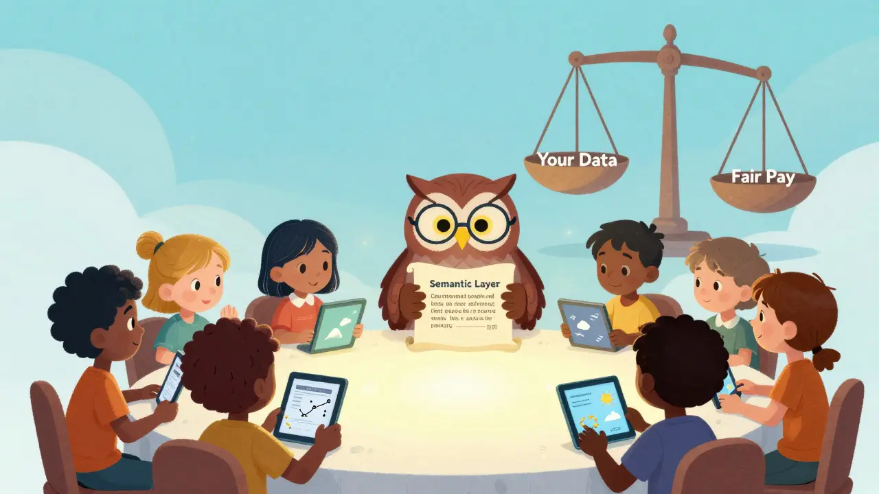 Children using tablets to buy and sell labeled data packages, guided by a wise owl holding a scroll about semantic data organization.