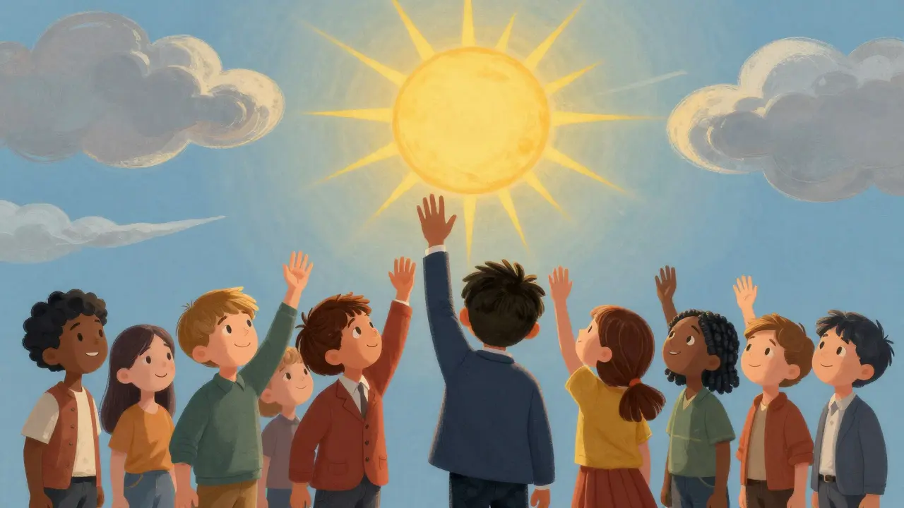 Diverse characters reaching for a rising sun in whimsical art style