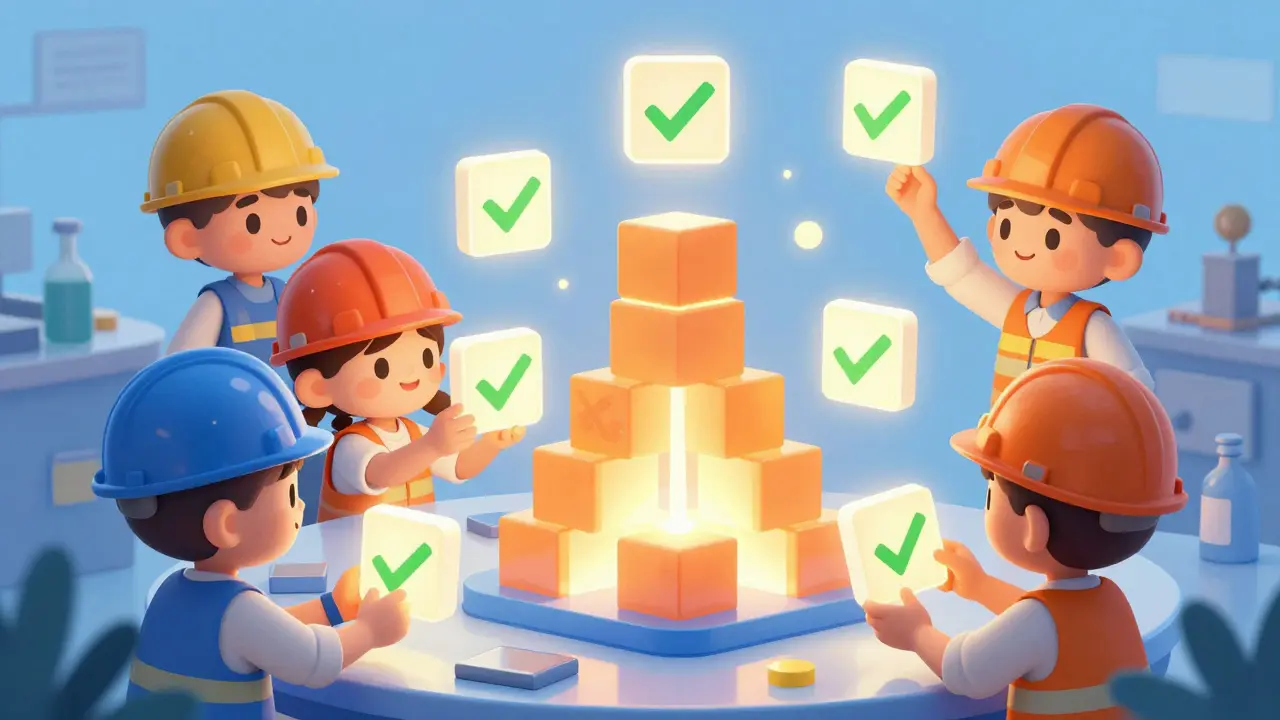 Engineer characters building a tower of trust blocks.