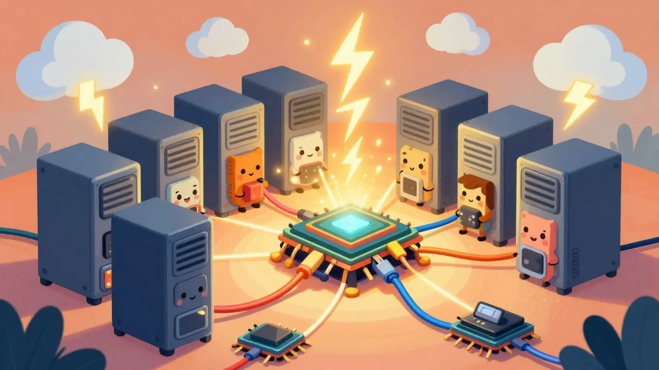 Friendly servers processing data with colorful electricity beams