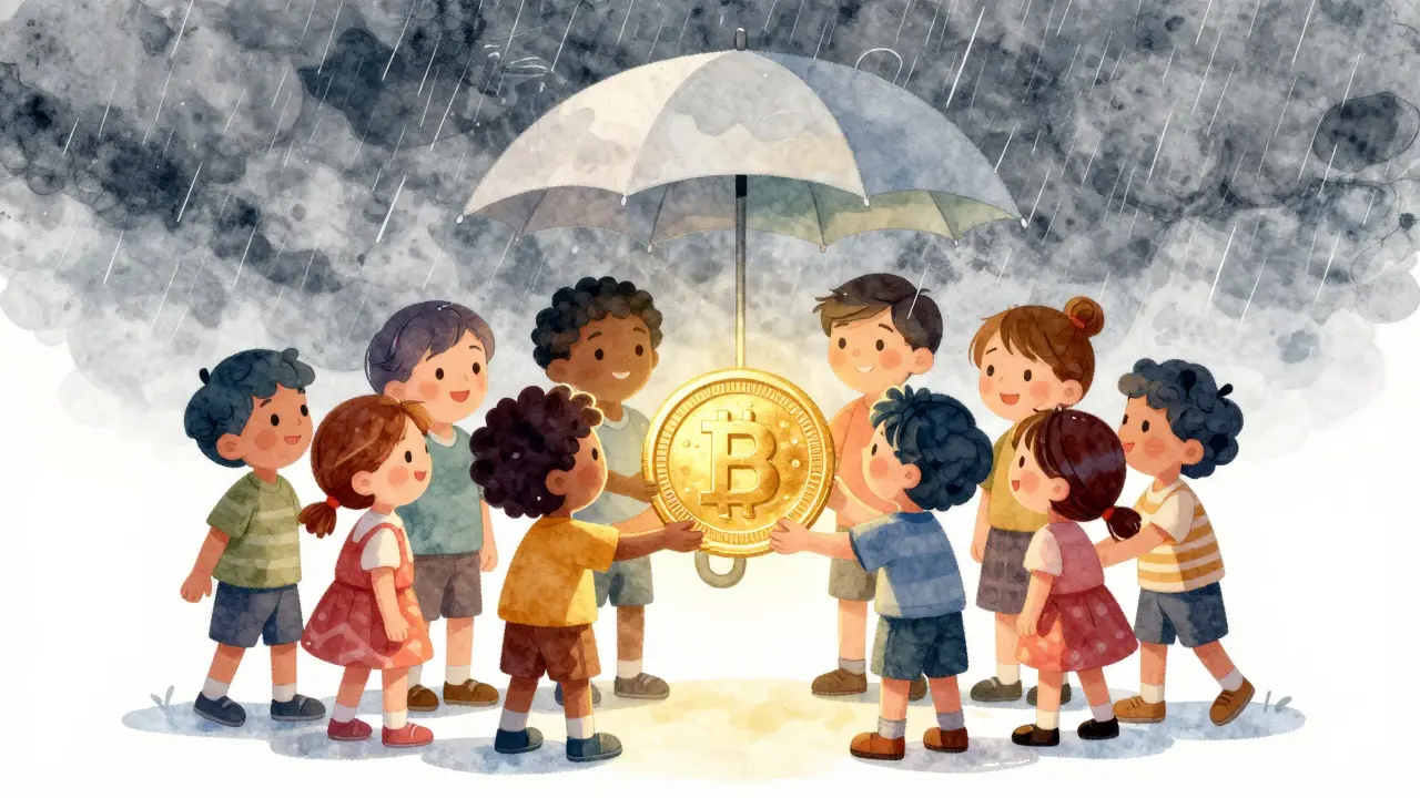 Friends holding secure digital coin under protective umbrella