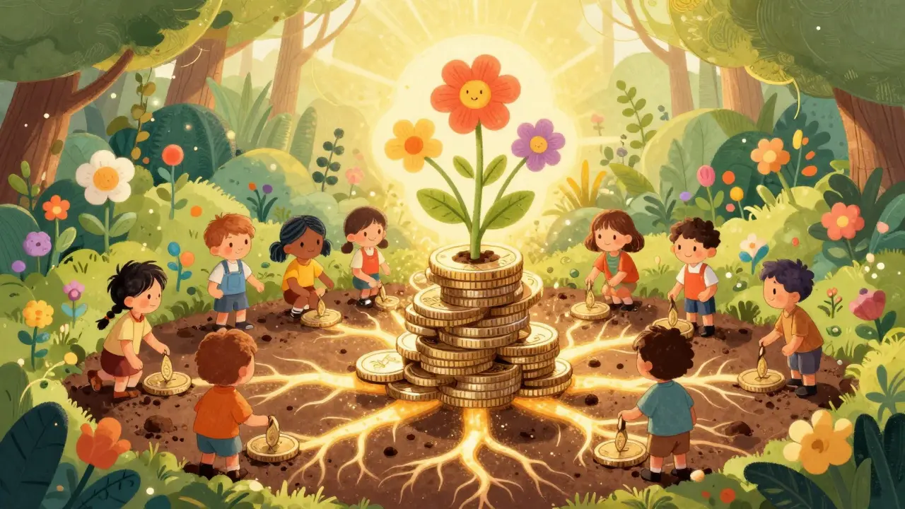 Friends planting token seeds into a glowing ecosystem garden.