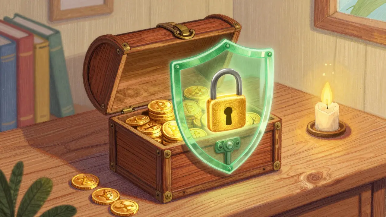 Glowing treasure chest protected by a digital security shield