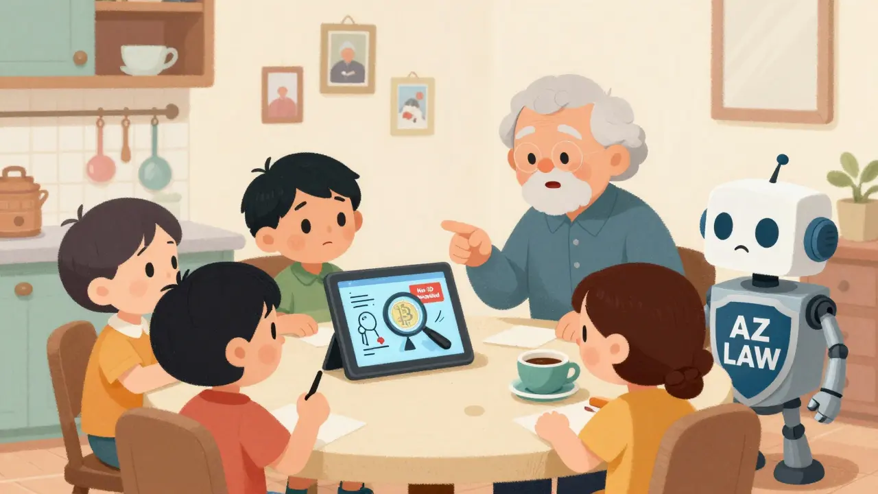 Grandchildren teach their grandparent about crypto scams at the kitchen table, with a protective robot nearby.