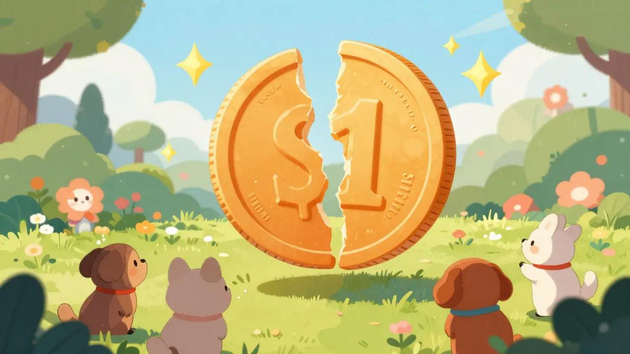 Large coin splitting in half surrounded by sparkles and animals
