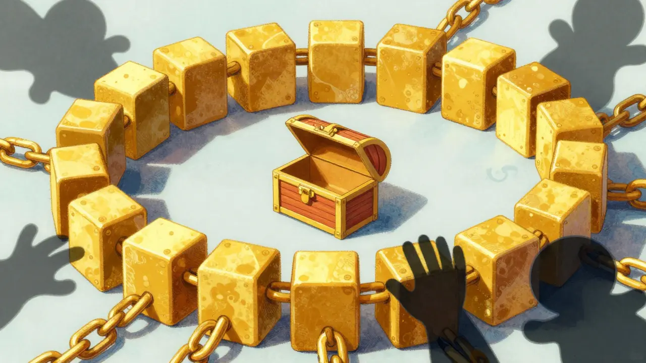 Linked gold blocks forming a protective shield around treasure