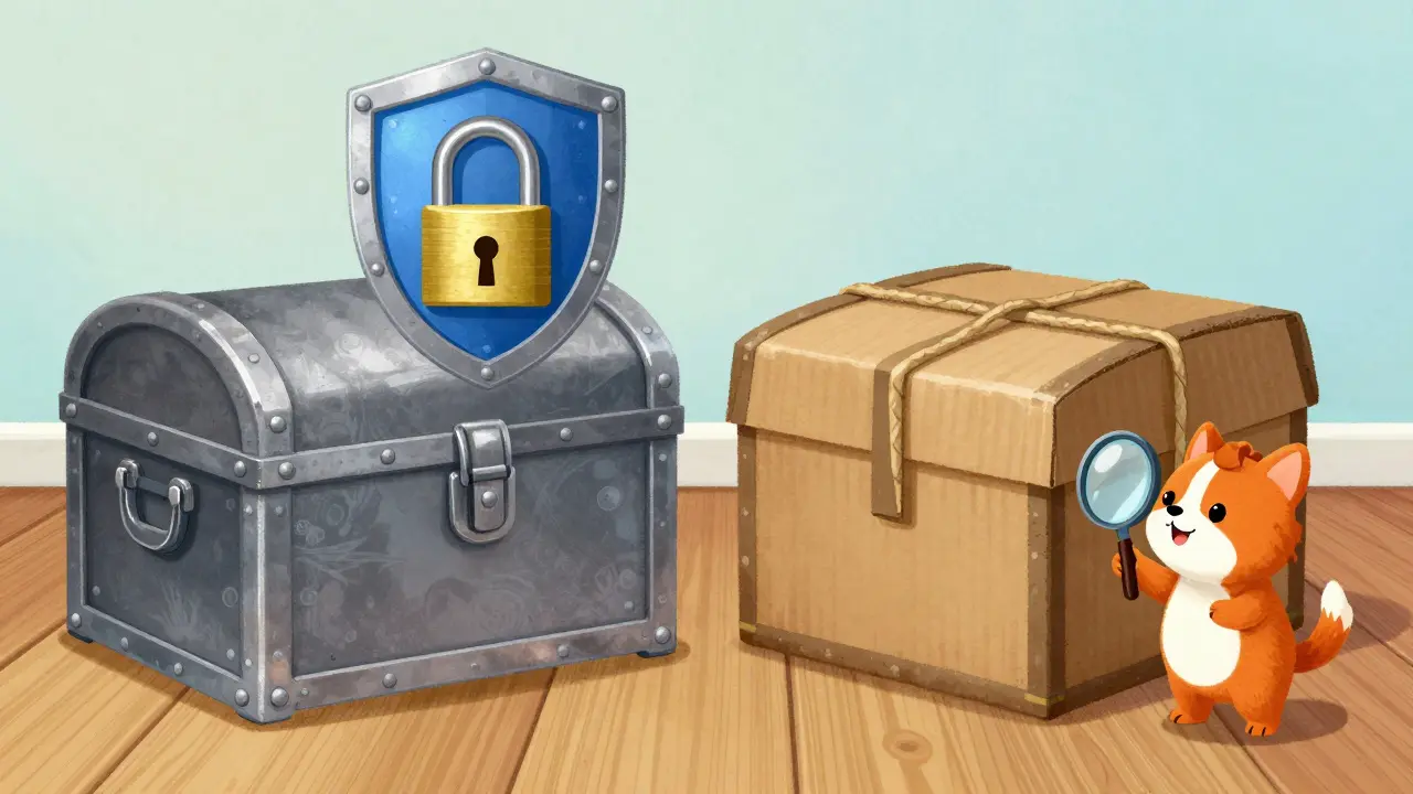 Secure steel chest versus flimsy cardboard box with characters inspecting
